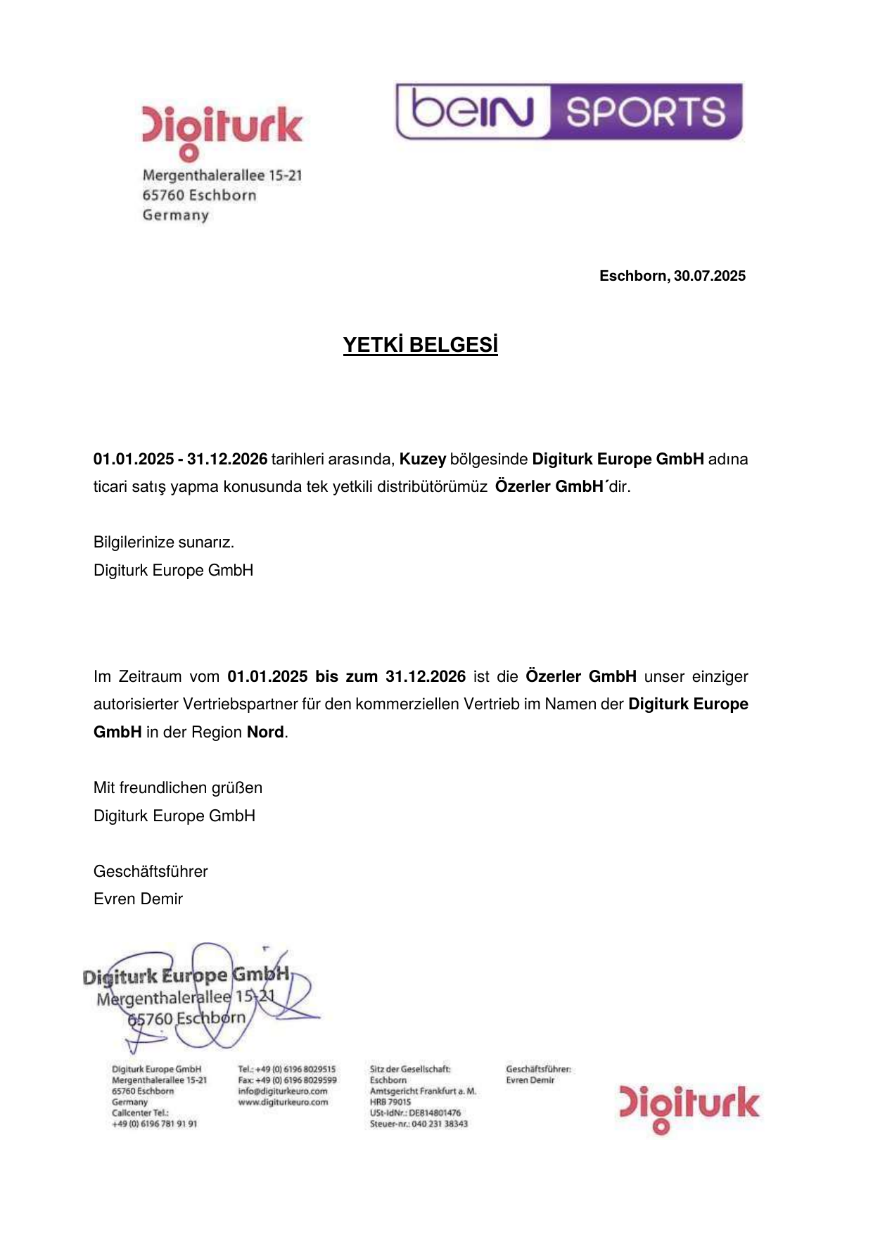 Kuzey Almanya Bölgesi Yetki Belgesi (01.01.2025 – 31.12.2026)